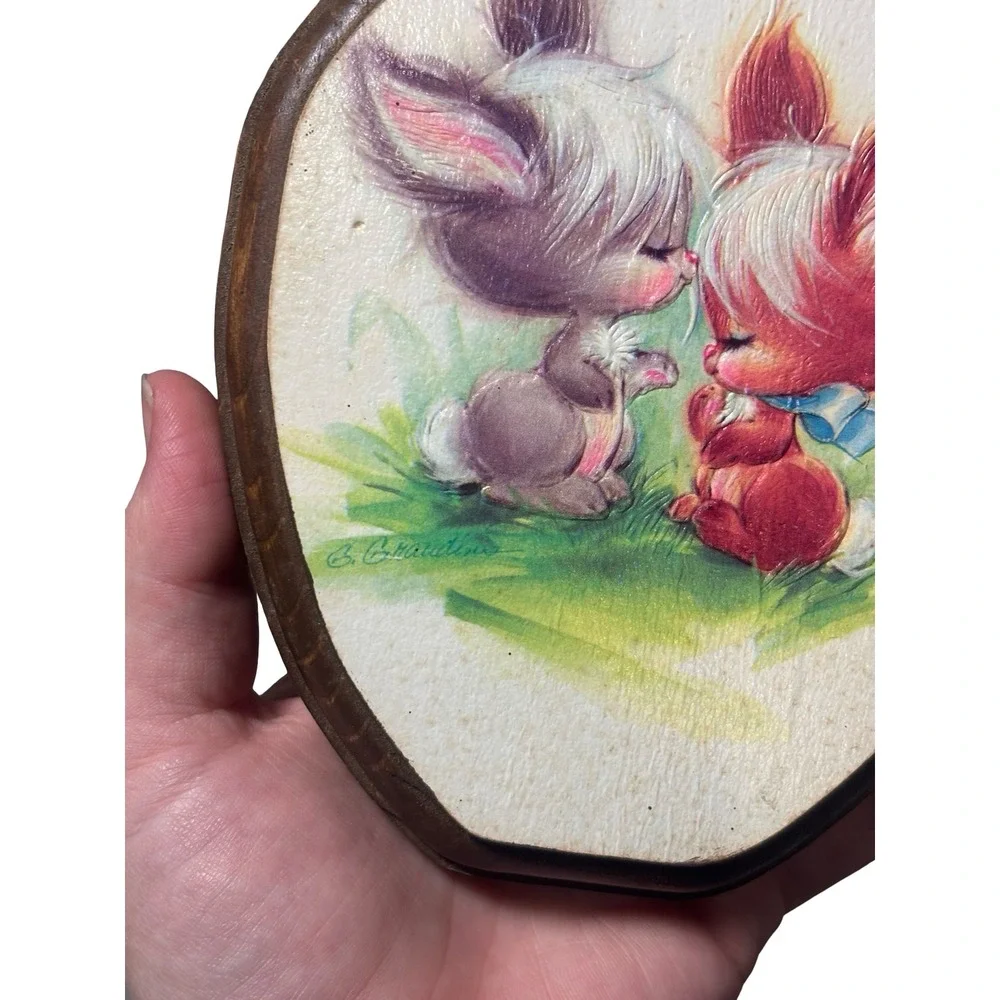 Vintage Kitsch G. Grandini Bunny Wood Plaque Wall Decor Nursery Decor